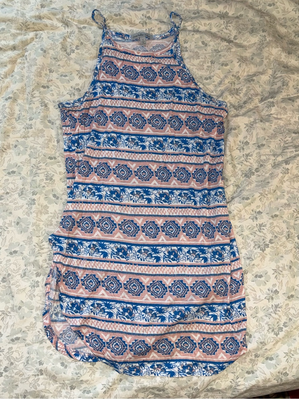 Charlotte Russe Blue and Pink Printed High-Neck Cami